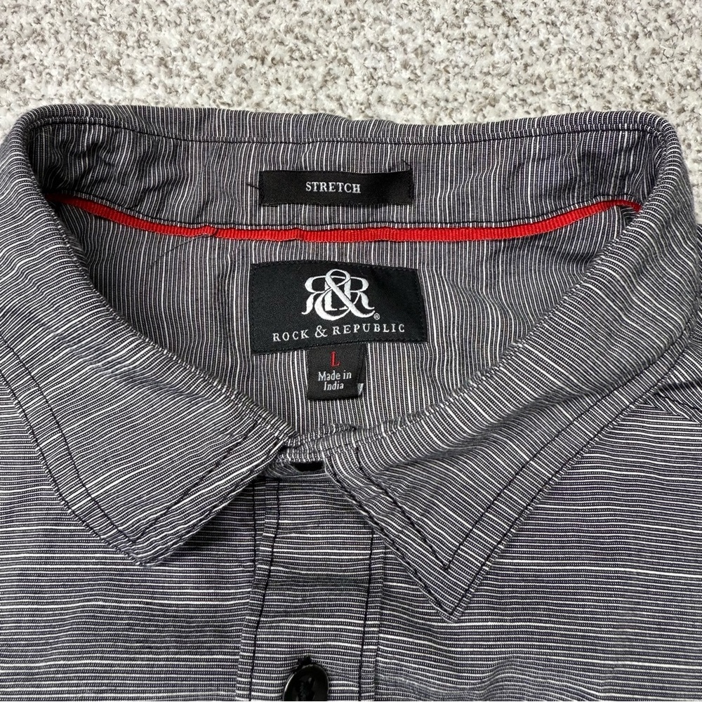 Men’s Gray and White Striped Rock & Republic‎ Button-Down Stretch Shirt Size L - Picture 2 of 9